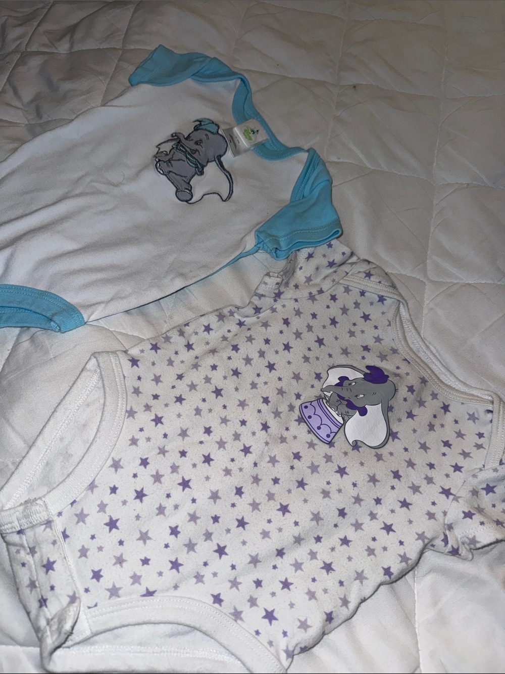 3M vintage dumbo mauve  & Light Blue Elephant Print Baby One-Piece Bodysuits